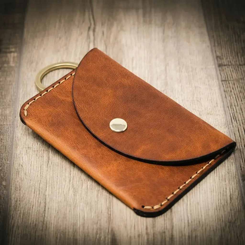 Close view of The Richmond wallet leather grain and stitching
