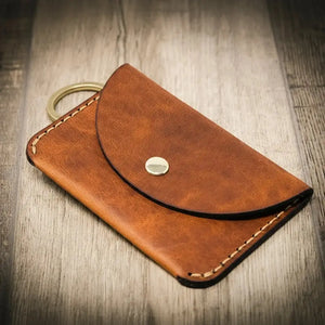 Close view of The Richmond wallet leather grain and stitching