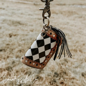 Sidekick Mini Wallet Keychain with black and white checkerboard pattern and fringe