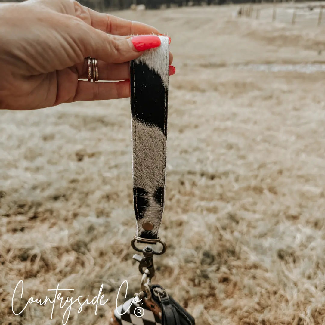 Cowhide wristlet keychain with checkered mini wallet detail
