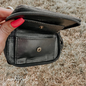 Black leather mini wallet keychain with zipper and snap pocket