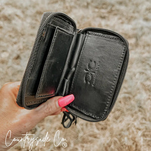 Black leather Sidekick Checkered Mini Wallet Keychain with Countryside Co. logo