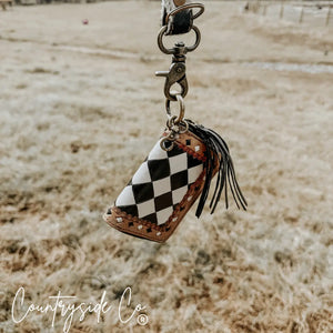 Checkered leather keychain with fringe