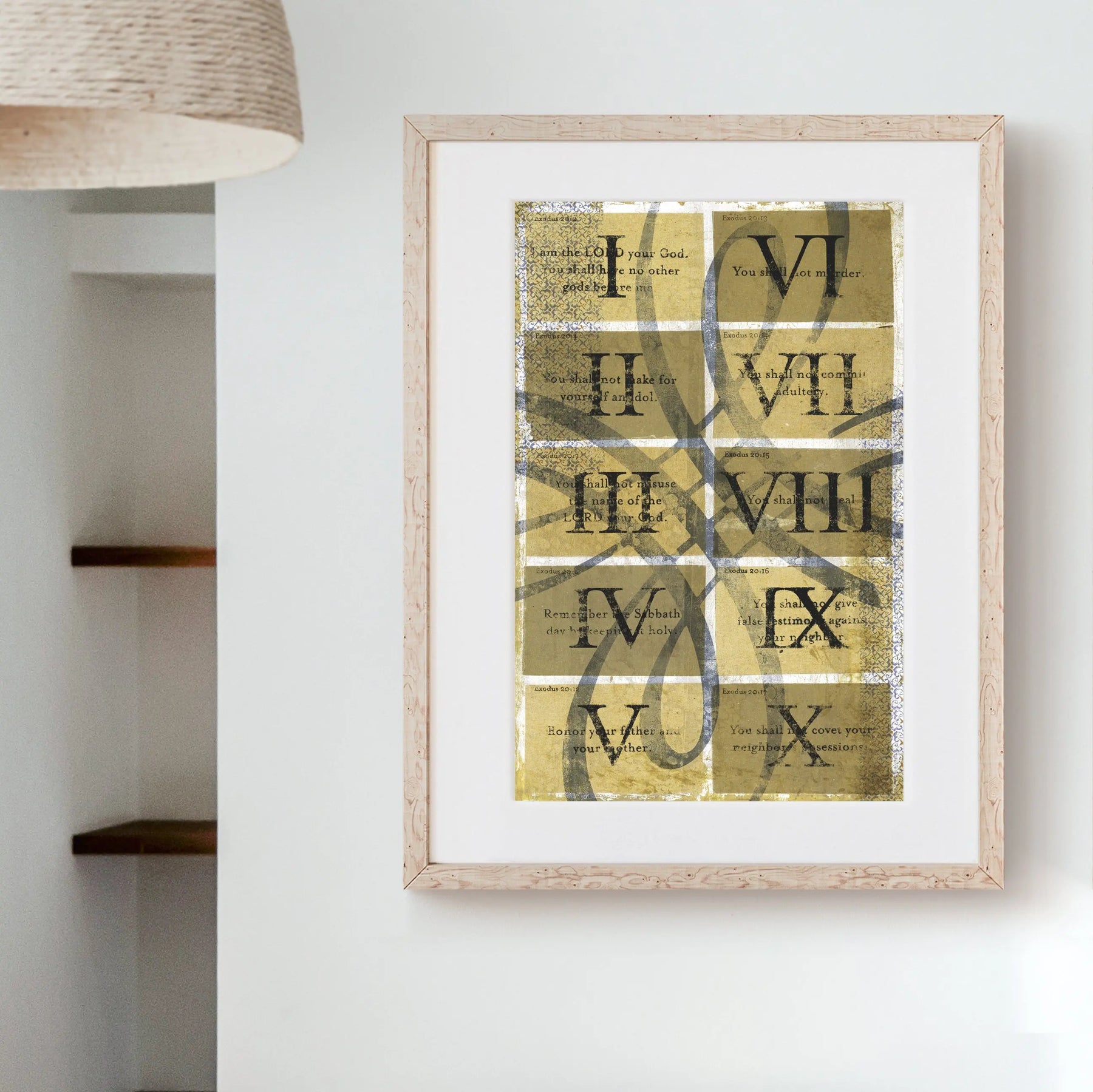 Framed art print of the Ten Commandments with Roman numerals and text.