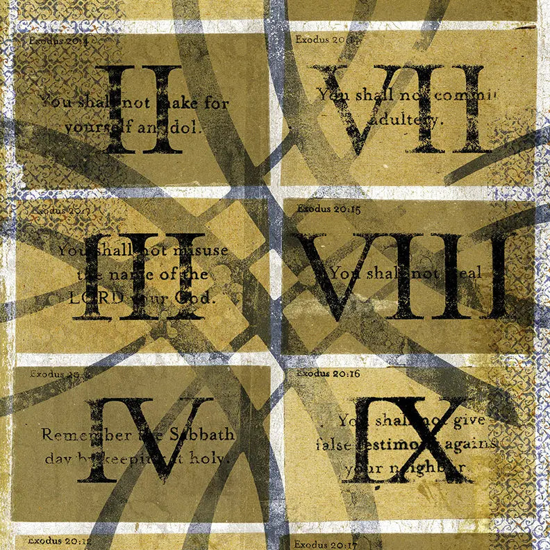 Ten Commandments art print with Roman numerals and distressed texture.