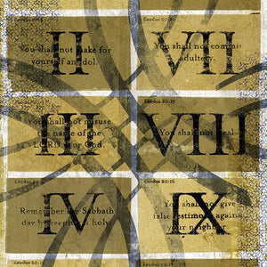 Ten Commandments art print with Roman numerals and distressed texture.