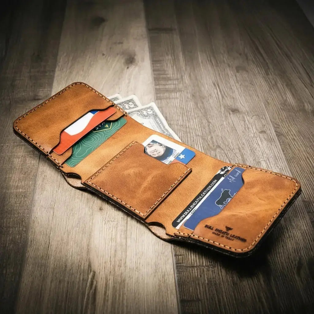 The Trinity Trifold Wallet by Bull Sheath Leather, handmade leather goods main product photo