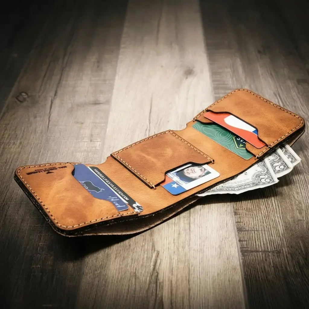 The Trinity Trifold Wallet by Bull Sheath Leather, handmade leather goods detail photo 2