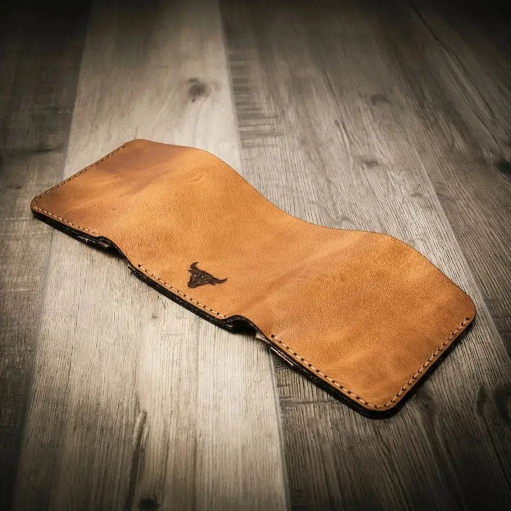 Trinity Trifold Wallet front exterior with natural leather character