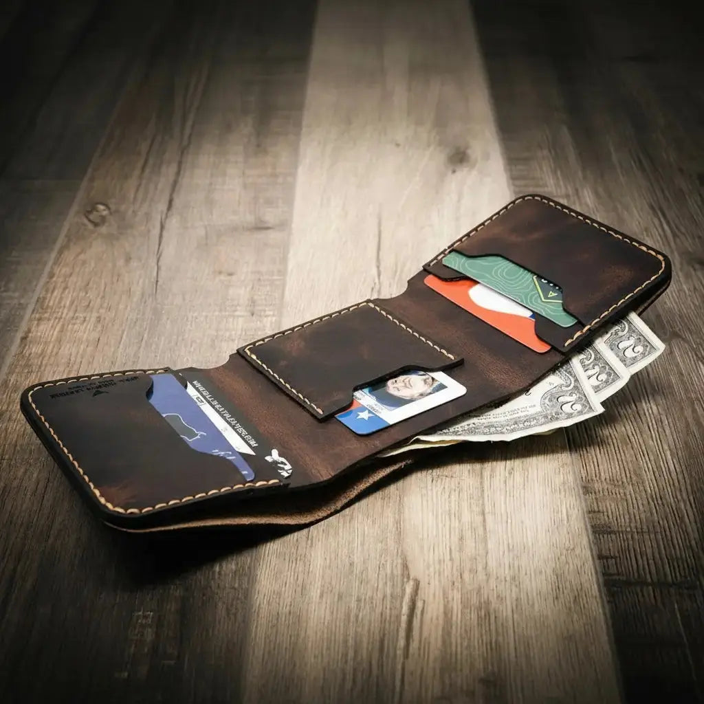 Close view of Trinity Trifold Wallet leather grain and finished edges