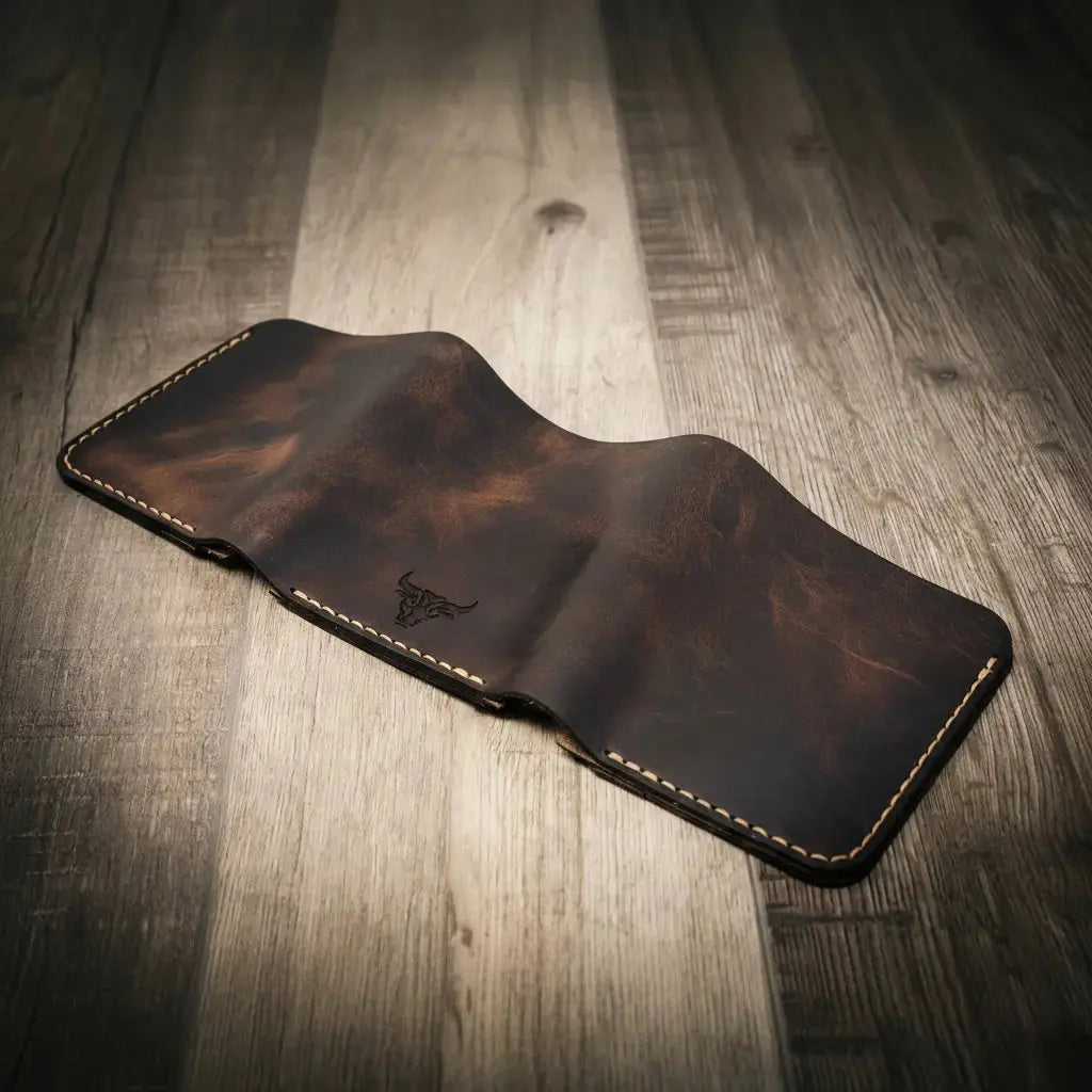 Handmade Trinity Trifold Wallet displayed partially open