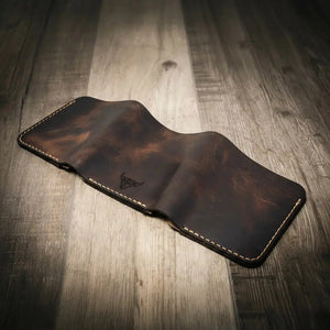 Handmade Trinity Trifold Wallet displayed partially open
