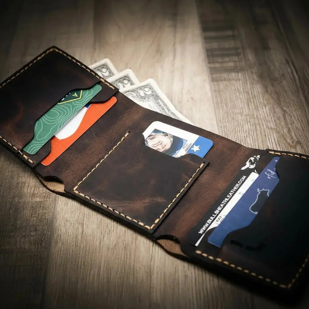 Bull Sheath Leather Trinity Trifold Wallet with reinforced stitching