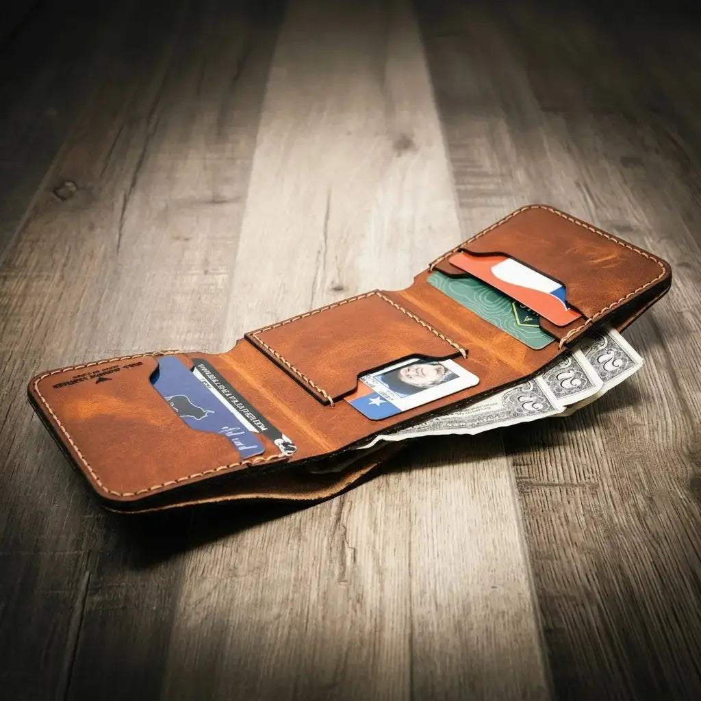 Full-grain leather Trinity Trifold Wallet shown at an angle
