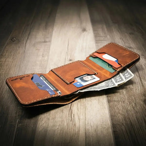 Full-grain leather Trinity Trifold Wallet shown at an angle