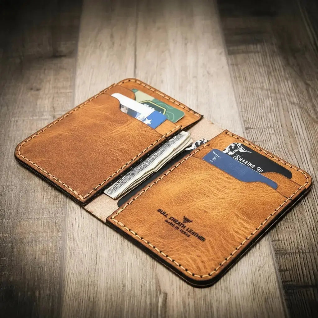 The Tyler Vertical Wallet by Bull Sheath Leather, handmade leather goods main product photo