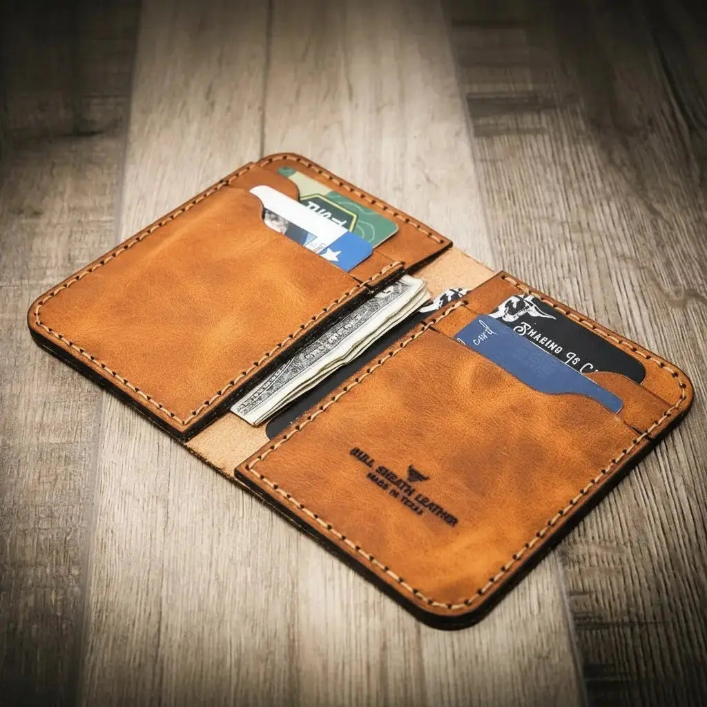 Vertical wallet exterior craftsmanship closeup