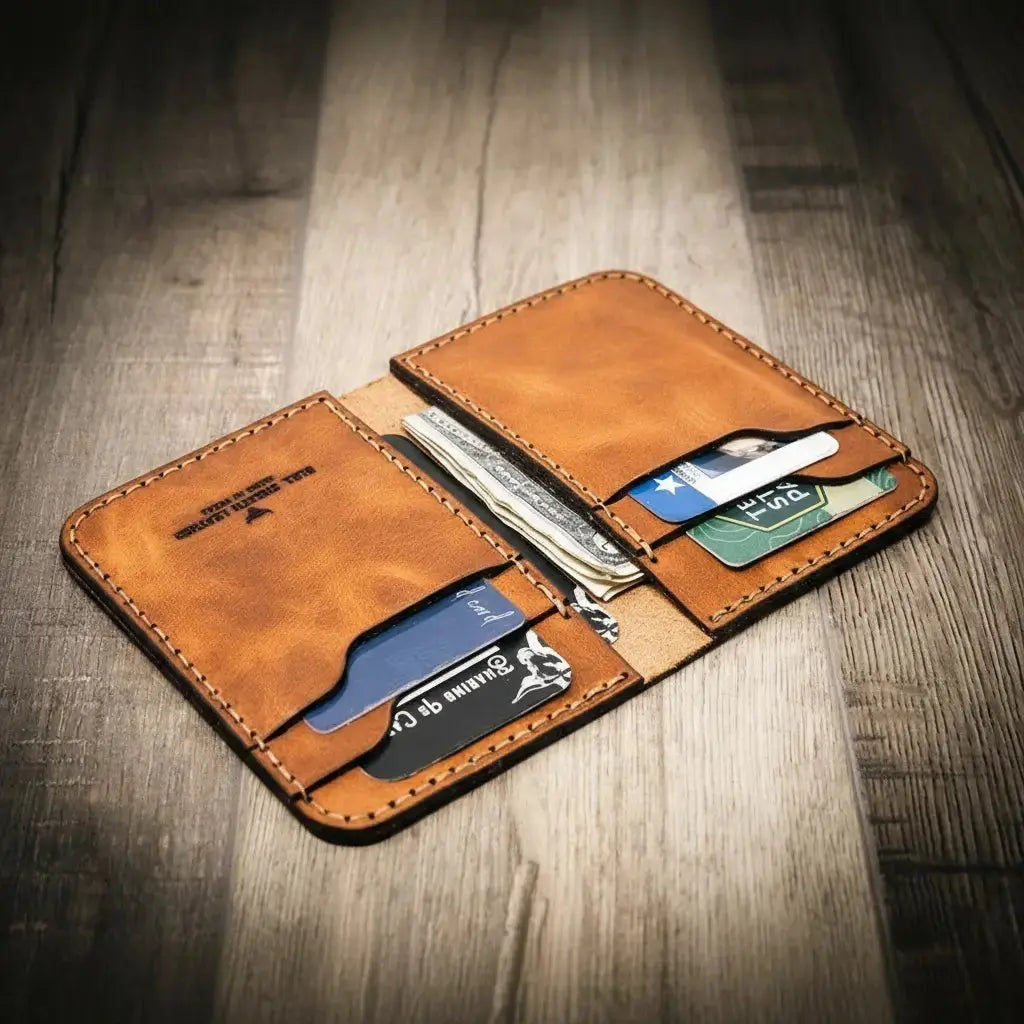 Handmade leather wallet edge and seam detail