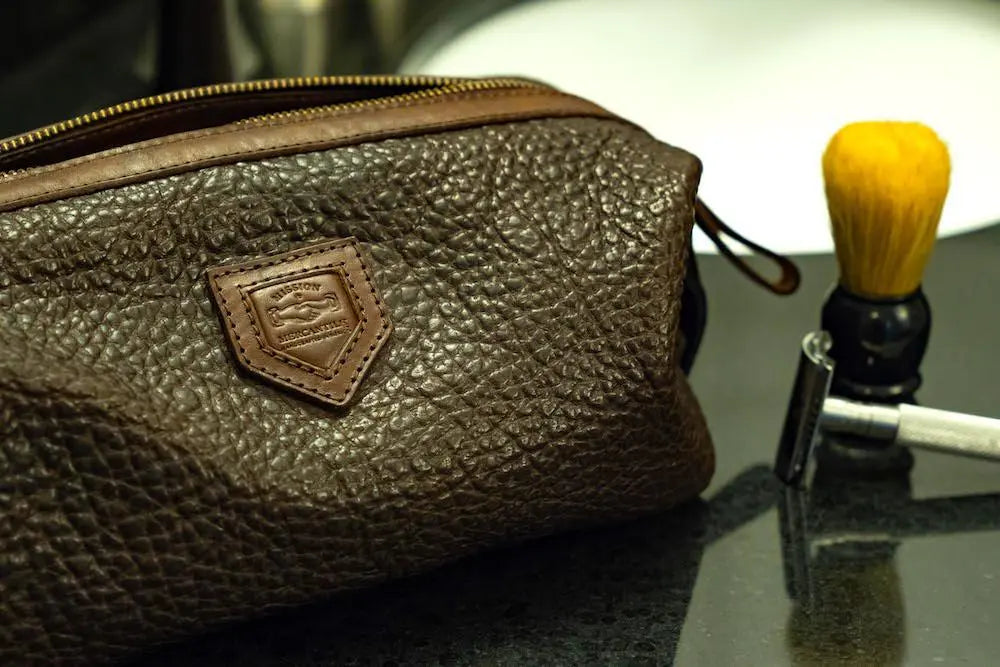 Theodore Leather Toiletry Wash Bag by Mission Mercantile Leather Goods, natural skincare detail photo 2