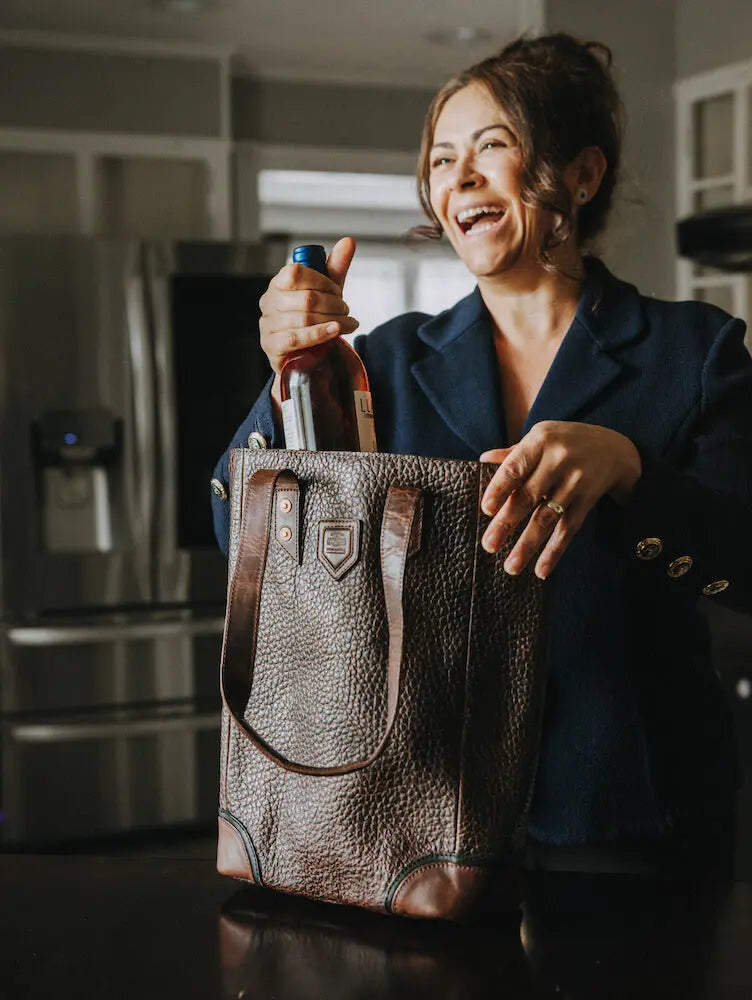 Theodore Leather Two Bottle Wine Tote Carrier by Mission Mercantile Leather Goods, handmade leather goods detail photo 2