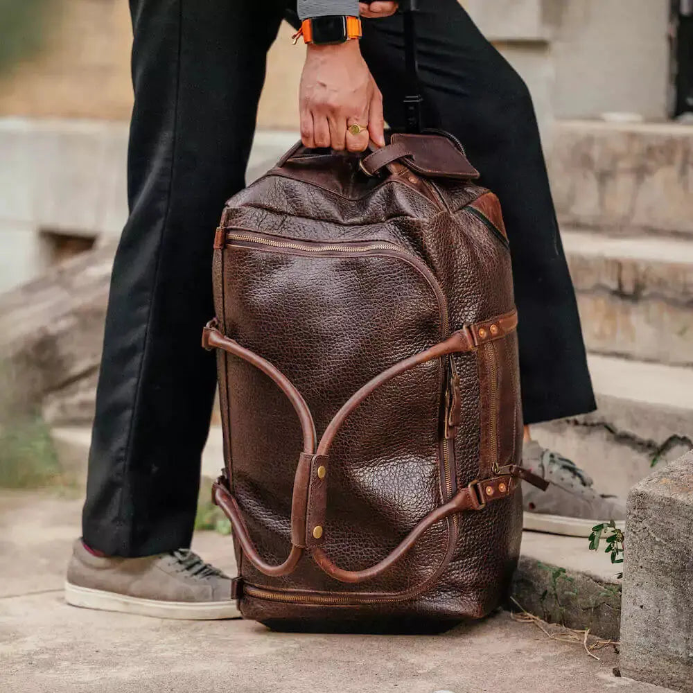 Theodore Leather Wheeled Carry-On Duffle Bag by Mission Mercantile Leather Goods, handmade leather goods detail photo 2