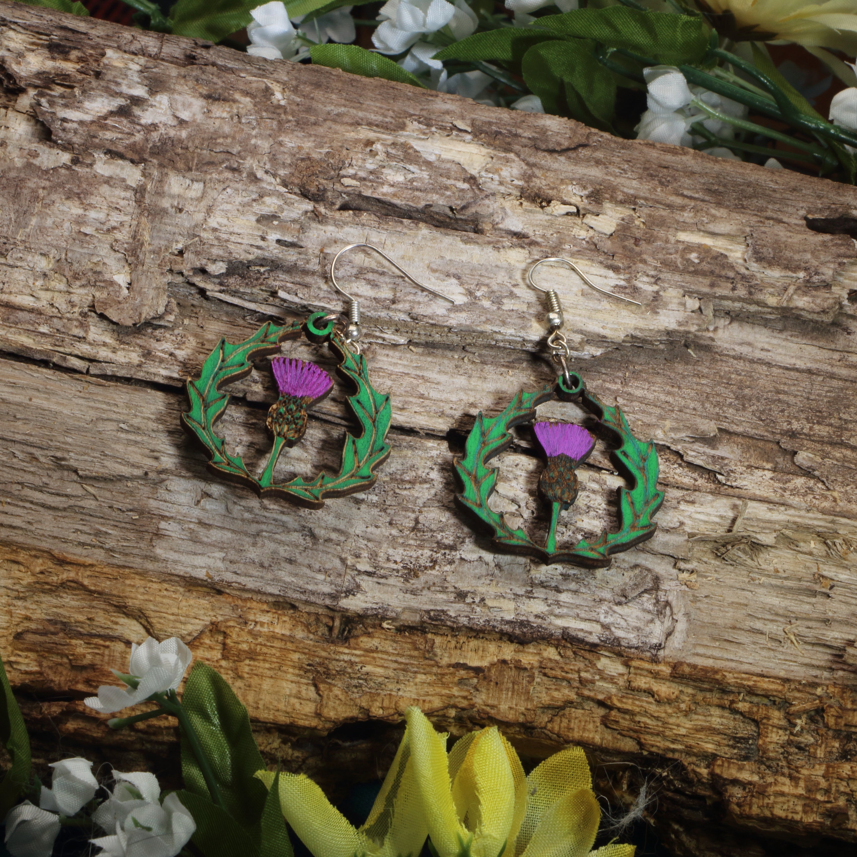 Thistle Wooden Dangle Earrings | Celtic Scottish Flower Jewelry