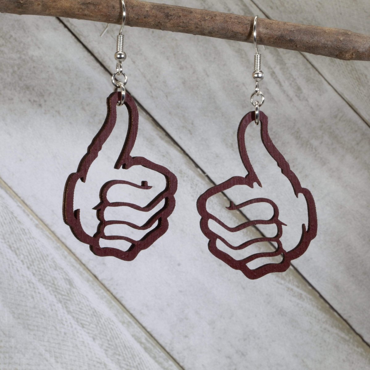 Thumbs Up Wooden Dangle Earrings | Positive Vibes Hand Gesture Jewelry by Cate's Concepts, LLC, handmade jewelry main product photo