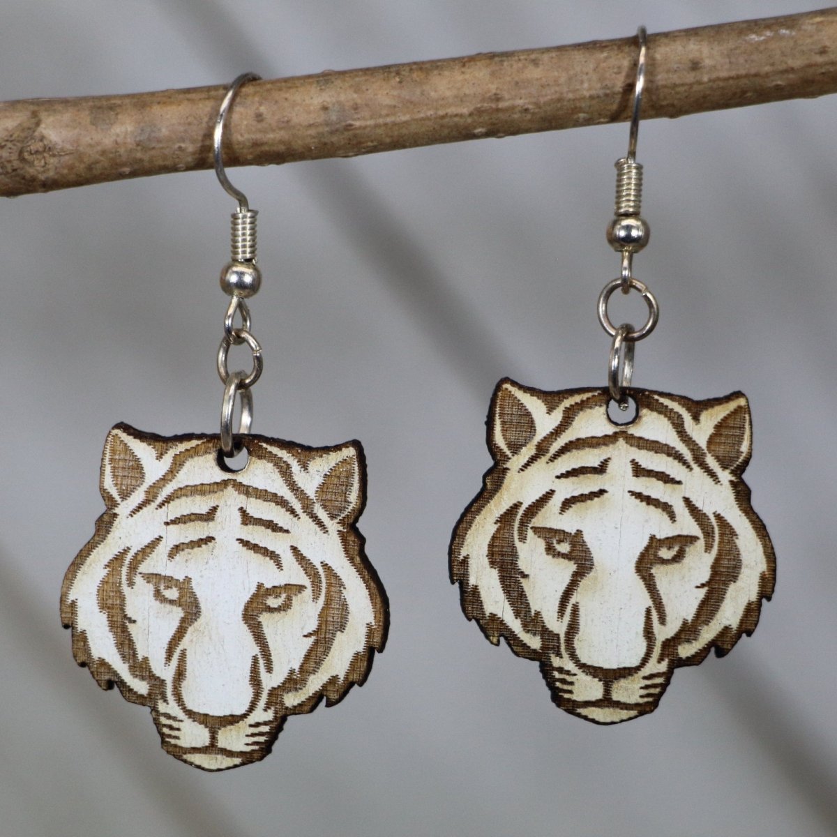 Tiger Face Wooden Dangle Earrings | Animal Jewelry by Cate's Concepts, LLC, handmade jewelry main product photo