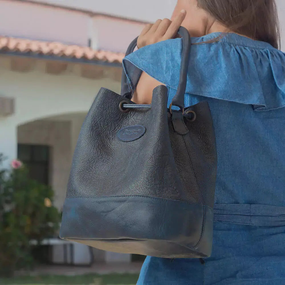 Tooled Leather Bucket Bag by Mission Mercantile Leather Goods, handmade leather goods main product photo