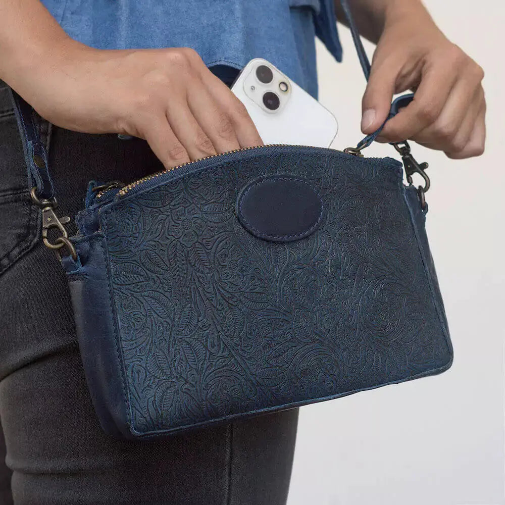 Tooled Leather Crossbody Bag by Mission Mercantile Leather Goods, natural skincare main product photo