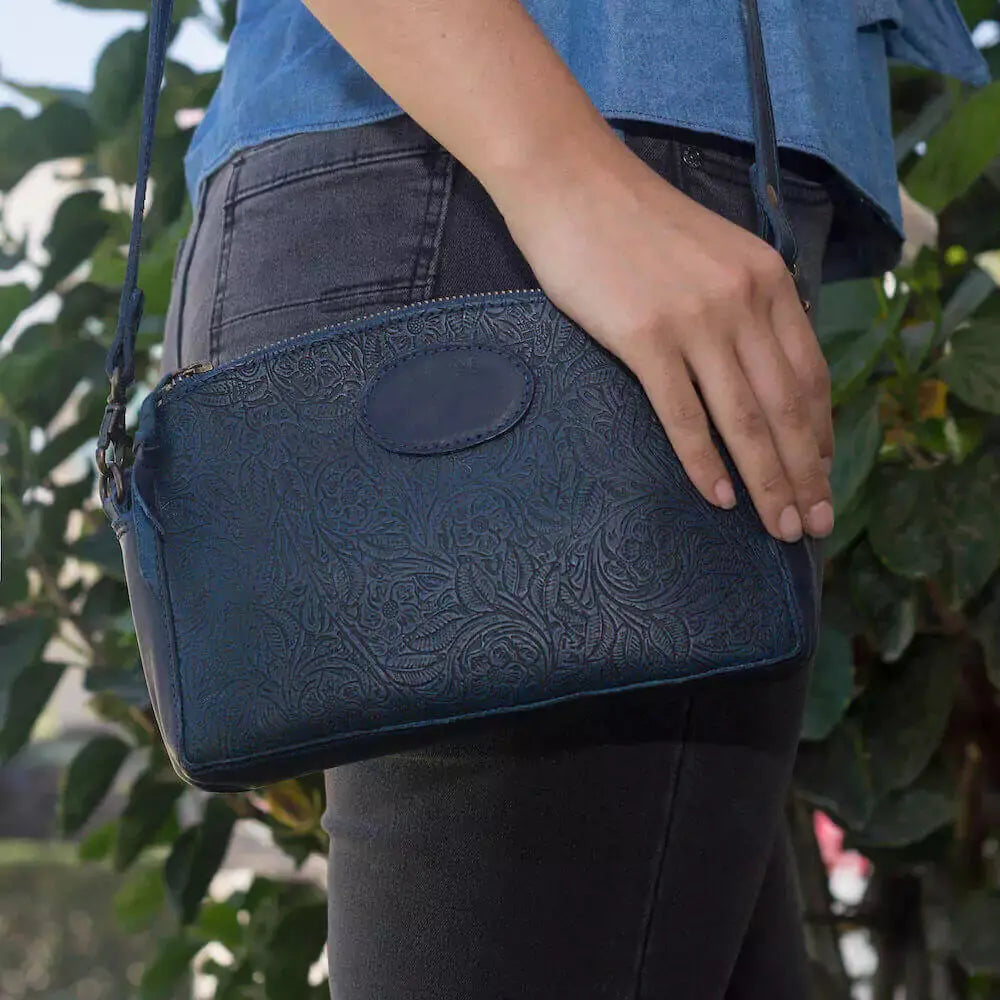 Tooled Leather Crossbody Bag by Mission Mercantile Leather Goods, natural skincare detail photo 2