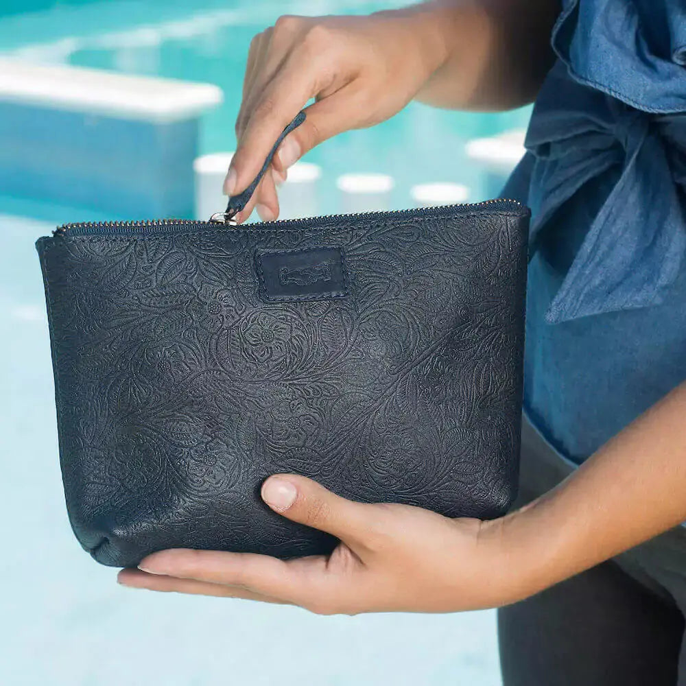 Tooled Leather Large Zippered Pouch by Mission Mercantile Leather Goods, handmade leather goods main product photo