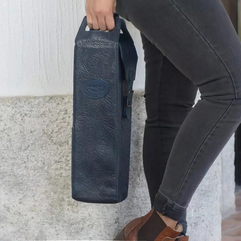 Tooled Leather Single Bottle Wine Carrier by Mission Mercantile Leather Goods, handmade leather goods main product photo