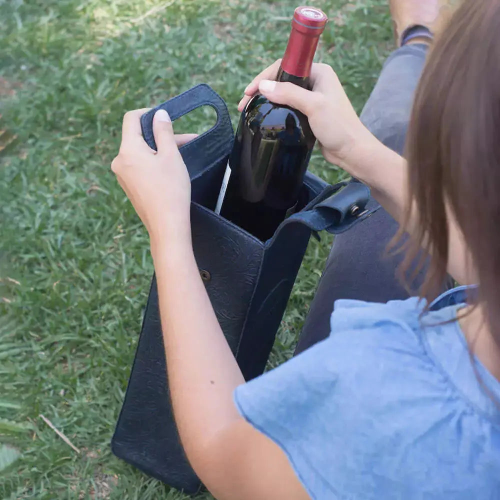 Tooled Leather Single Bottle Wine Carrier by Mission Mercantile Leather Goods, handmade leather goods detail photo 2