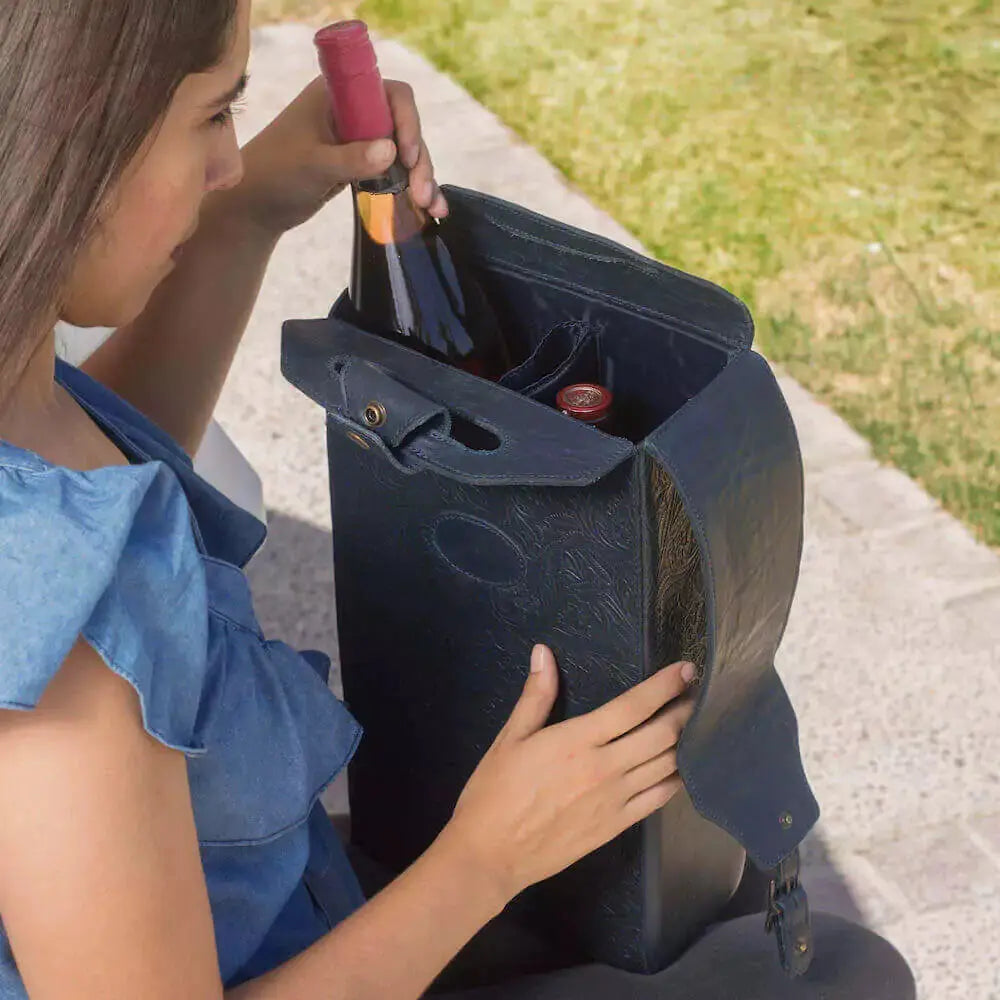 Tooled Leather Two Bottle Wine Carrier by Mission Mercantile Leather Goods, handmade leather goods main product photo
