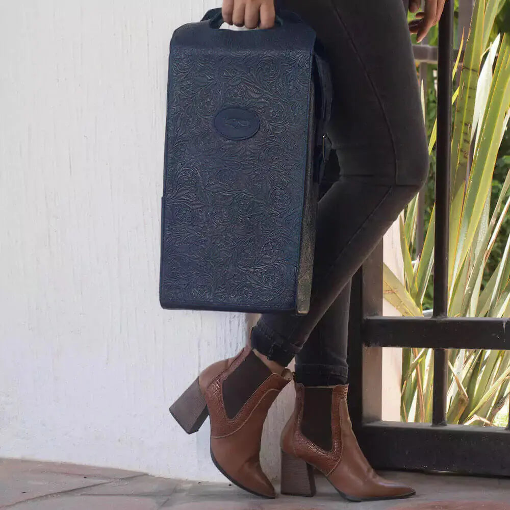 Tooled Leather Two Bottle Wine Carrier by Mission Mercantile Leather Goods, handmade leather goods detail photo 2
