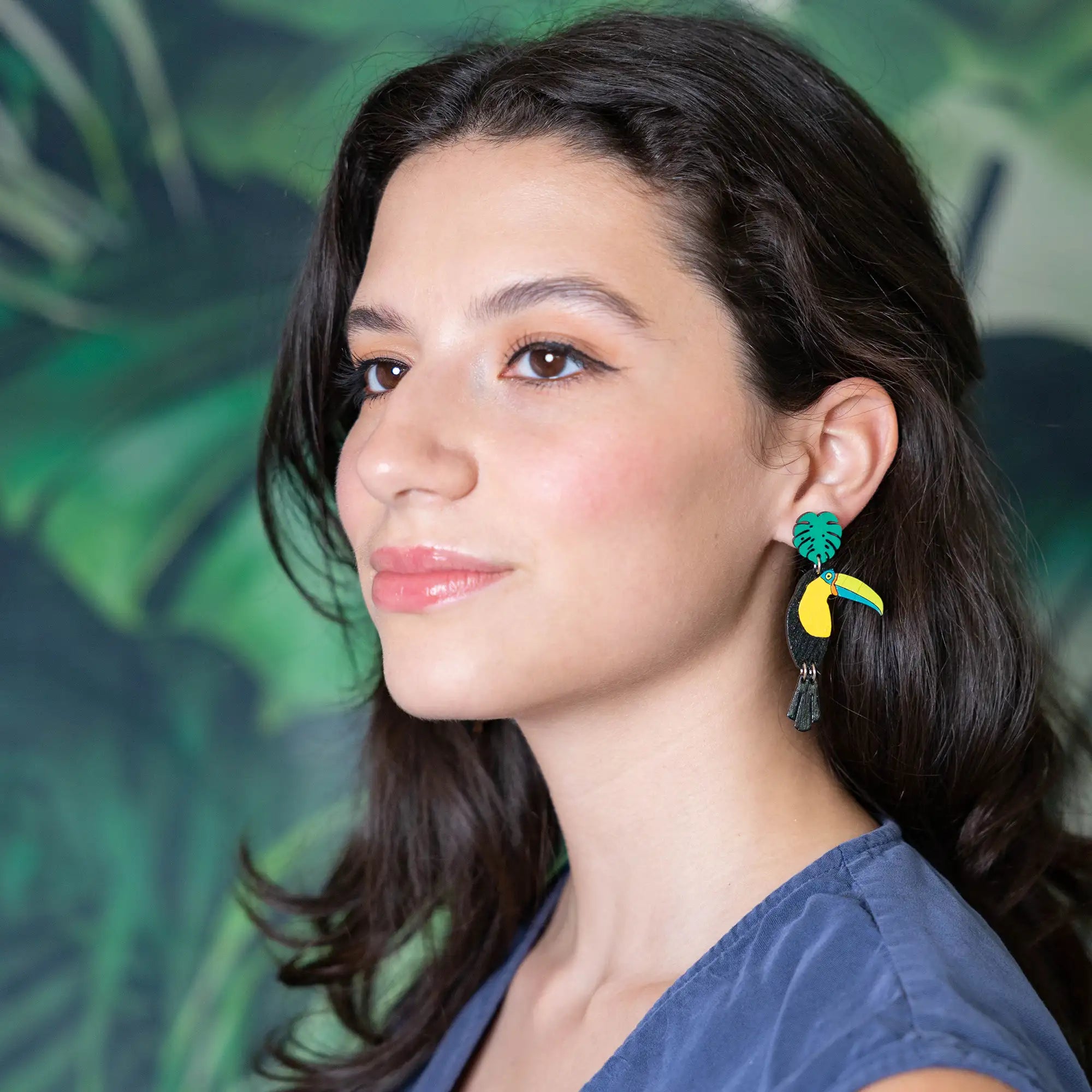 Additional view of Toucan Stud Dangle Earrings hand painted on lightweight wood by LE CHIC MIAMI