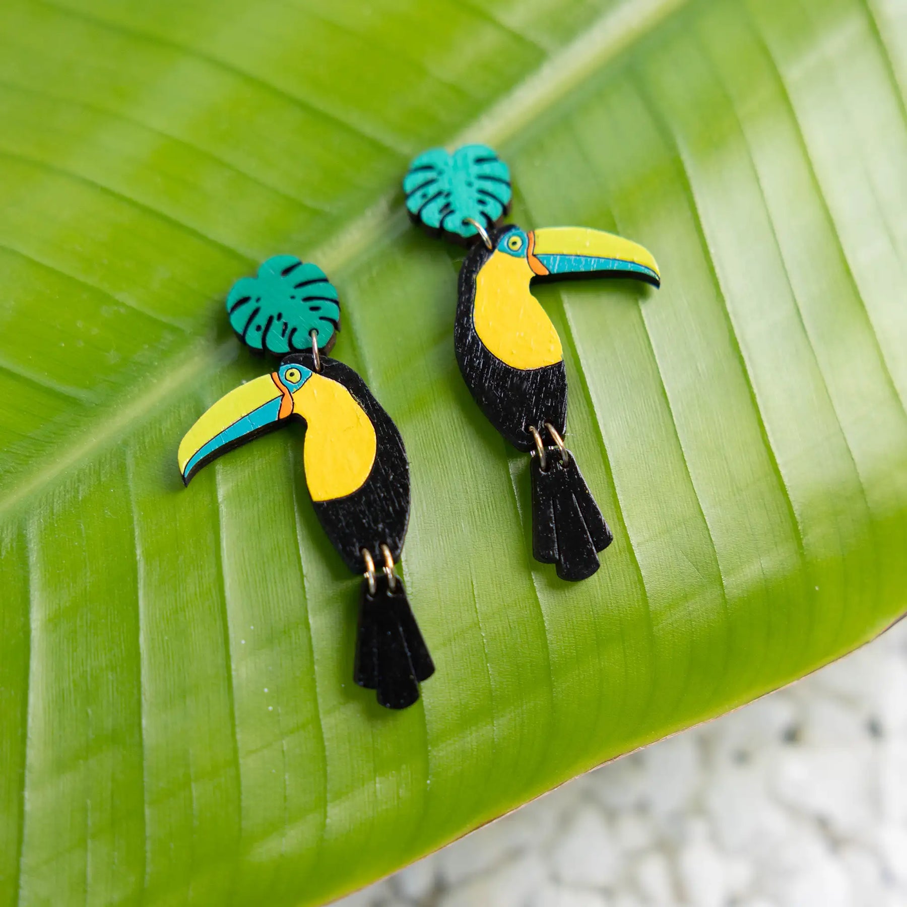 Additional view of Toucan Stud Dangle Earrings hand painted on lightweight wood by LE CHIC MIAMI