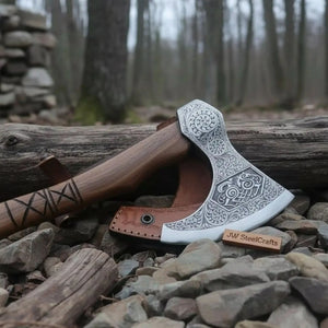 Norse Pattern Acid Etched Bushcraft Belt Viking Bearded Axe with Leather Carry Sheath