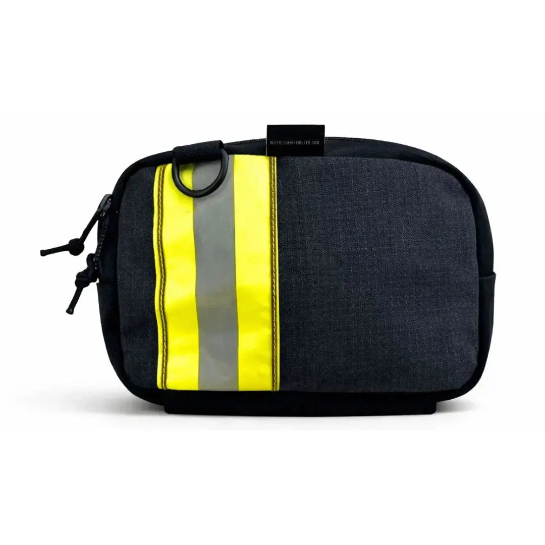 Dark gray fanny pack with yellow and gray reflective stripes and D-ring.