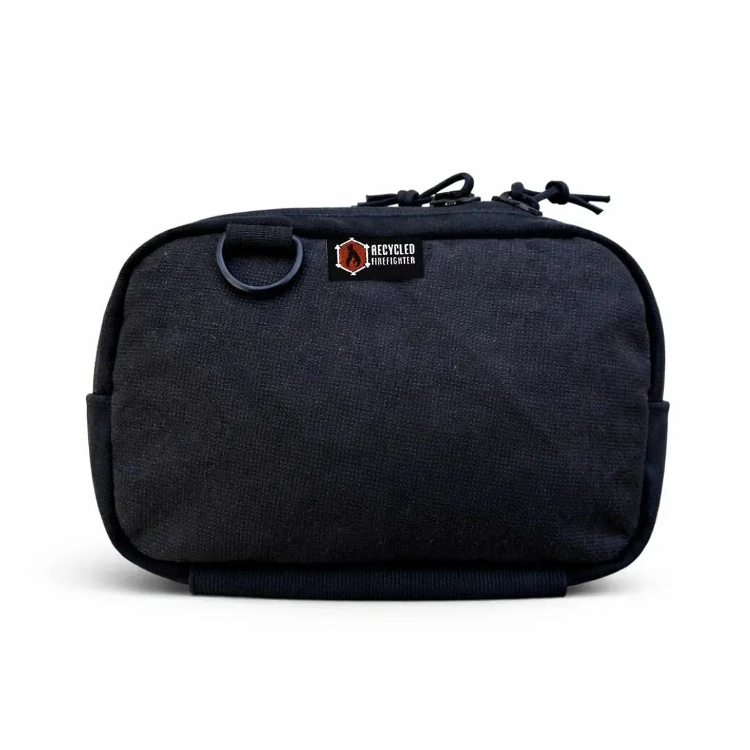 Recycled Firefighter Fanny Pack, Bunker Gear Edition, black canvas fabric with D-ring and logo.