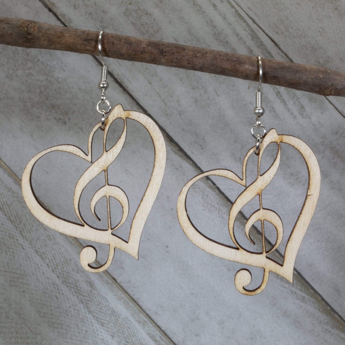 Treble Clef Heart Wooden Dangle Earrings | Music Lover Jewelry