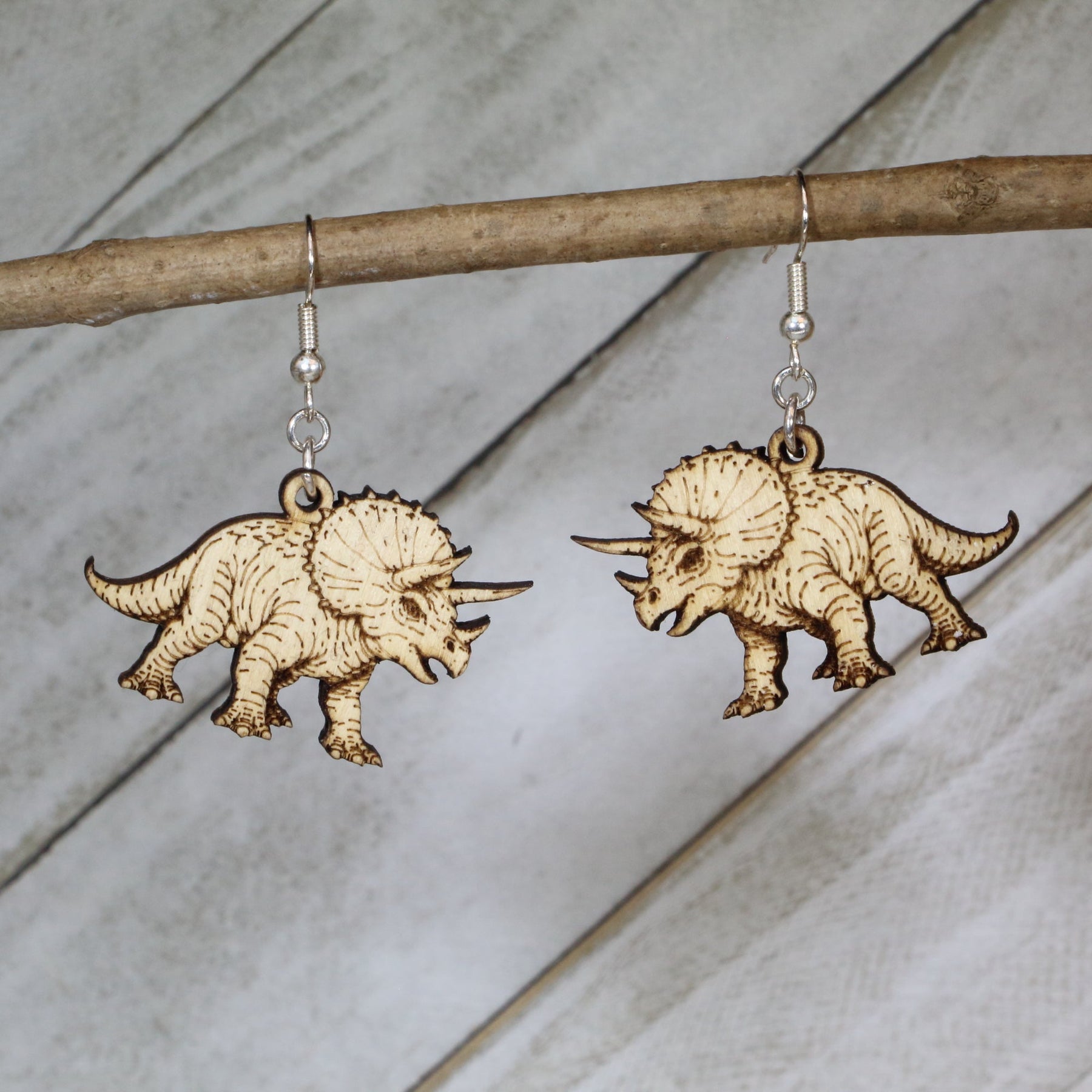 Triceratops Dinosaur Wooden Earrings | Prehistoric Fossil Jewelry