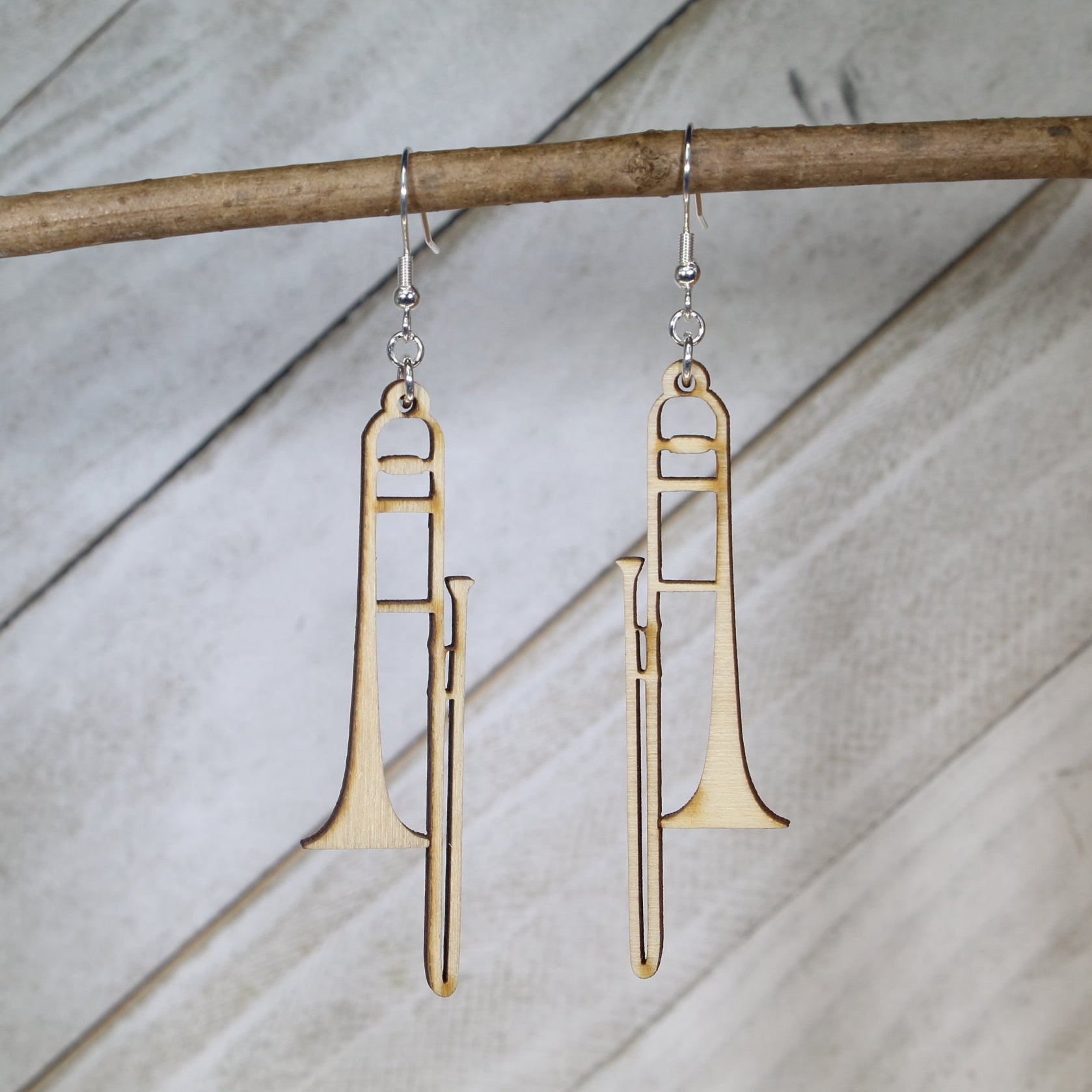 Trombone Wooden Dangle Earrings | Band Instrument Jewelry