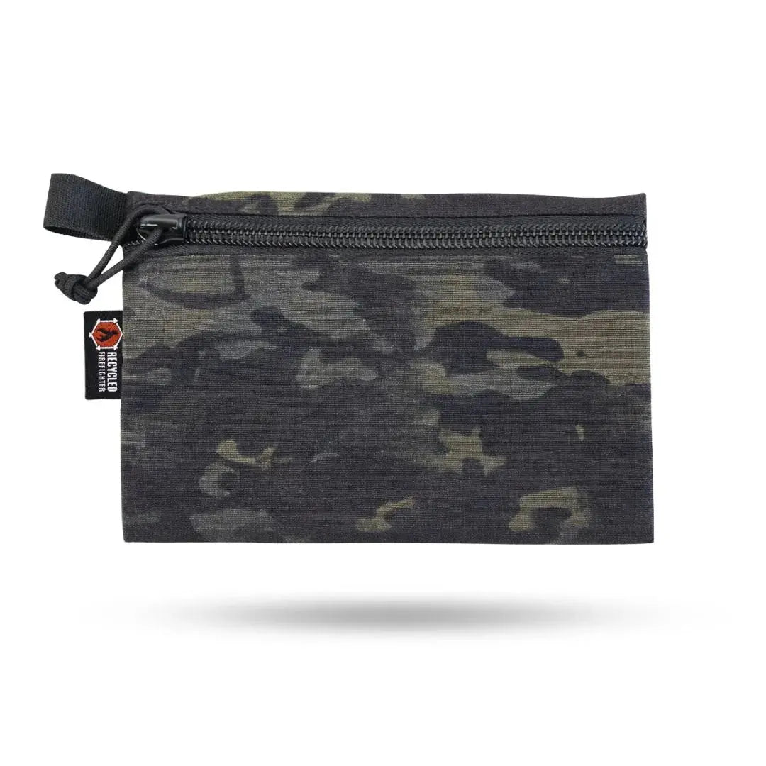 Large camo pattern pouch with black zipper and pull tab