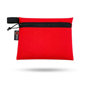 Red zippered pouch with black zipper and logo tag.