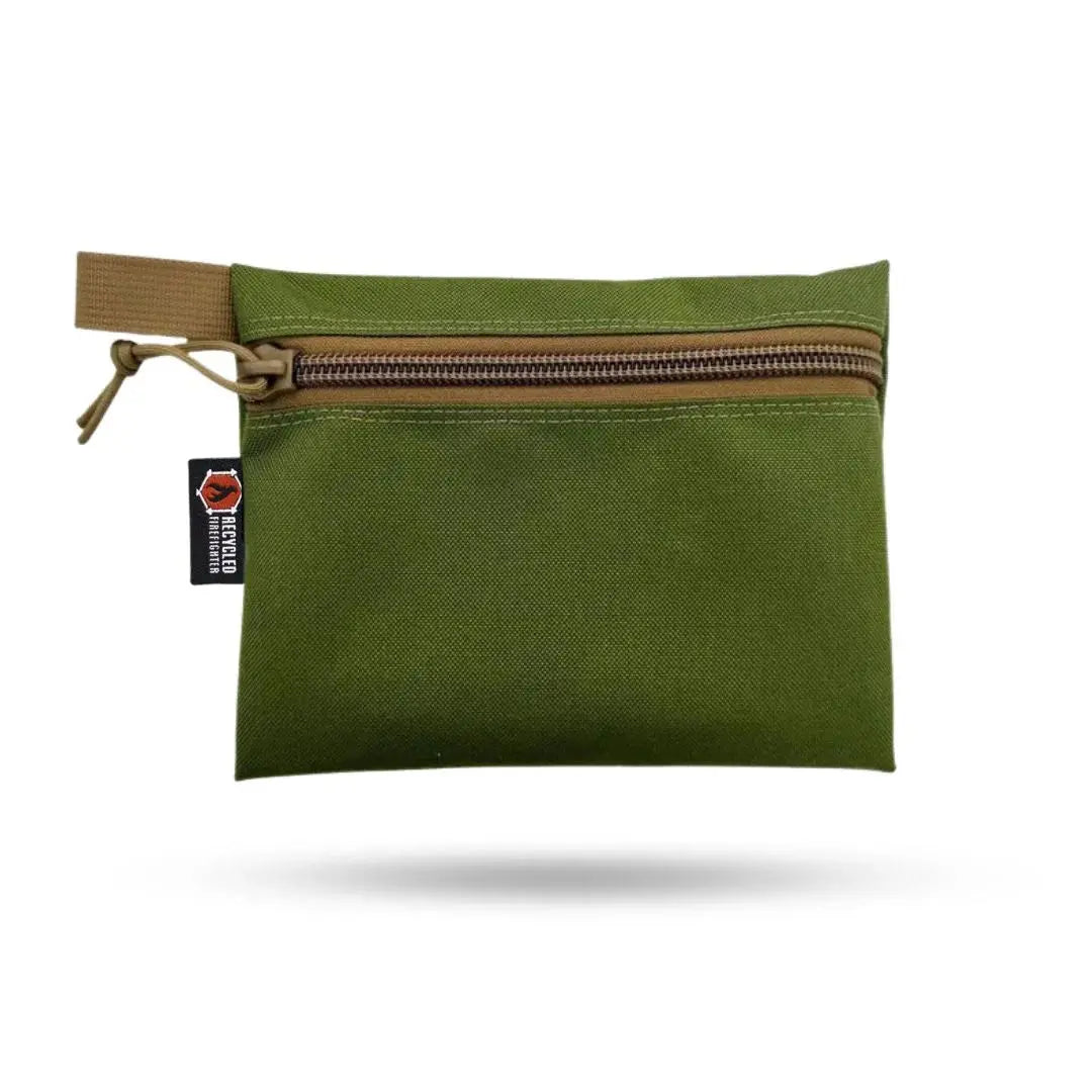 Olive green zippered pouch with tan zipper and carry loop