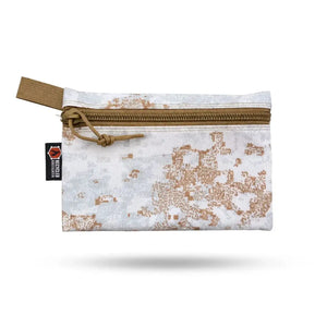 Flat zipper pouch with digital camouflage pattern and Recycled Firefighter label.