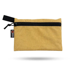 Tan zippered gear pouch with black zipper, black loop, and a "Recycled Firefighter" logo tag.