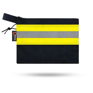 Black zippered gear pouch with two yellow and one gray reflective stripe.